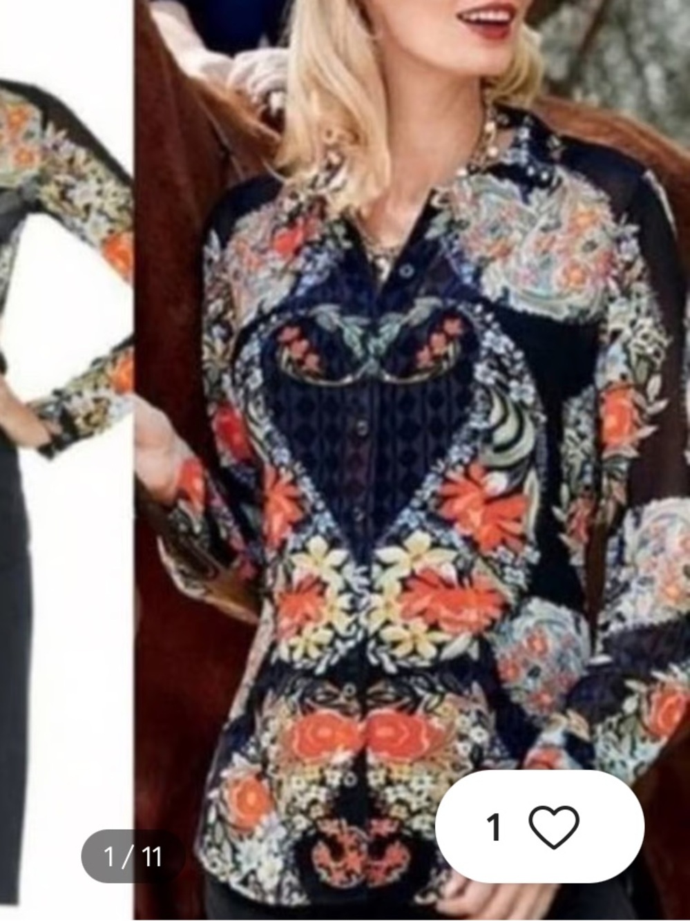 CAbi Amour Black Sheer Orange Yellow Blue Green Floral Button Front Blouse M